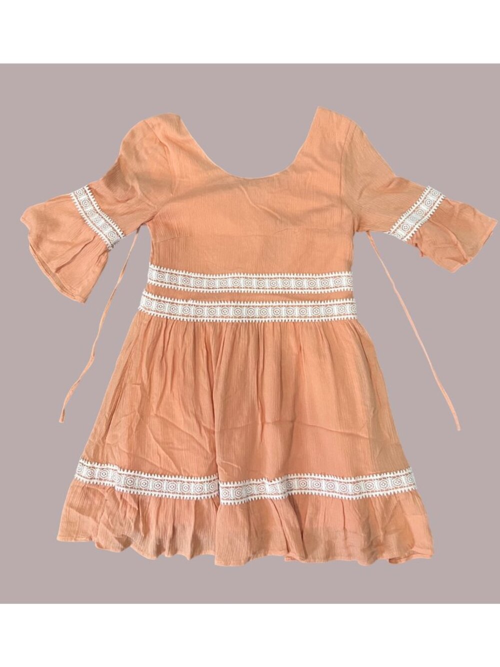 Boho Style Peach Dress With Lace Accents Flared Sleeves & Tie Waist Size Small